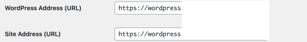 WordPress settings showing the site URL fields